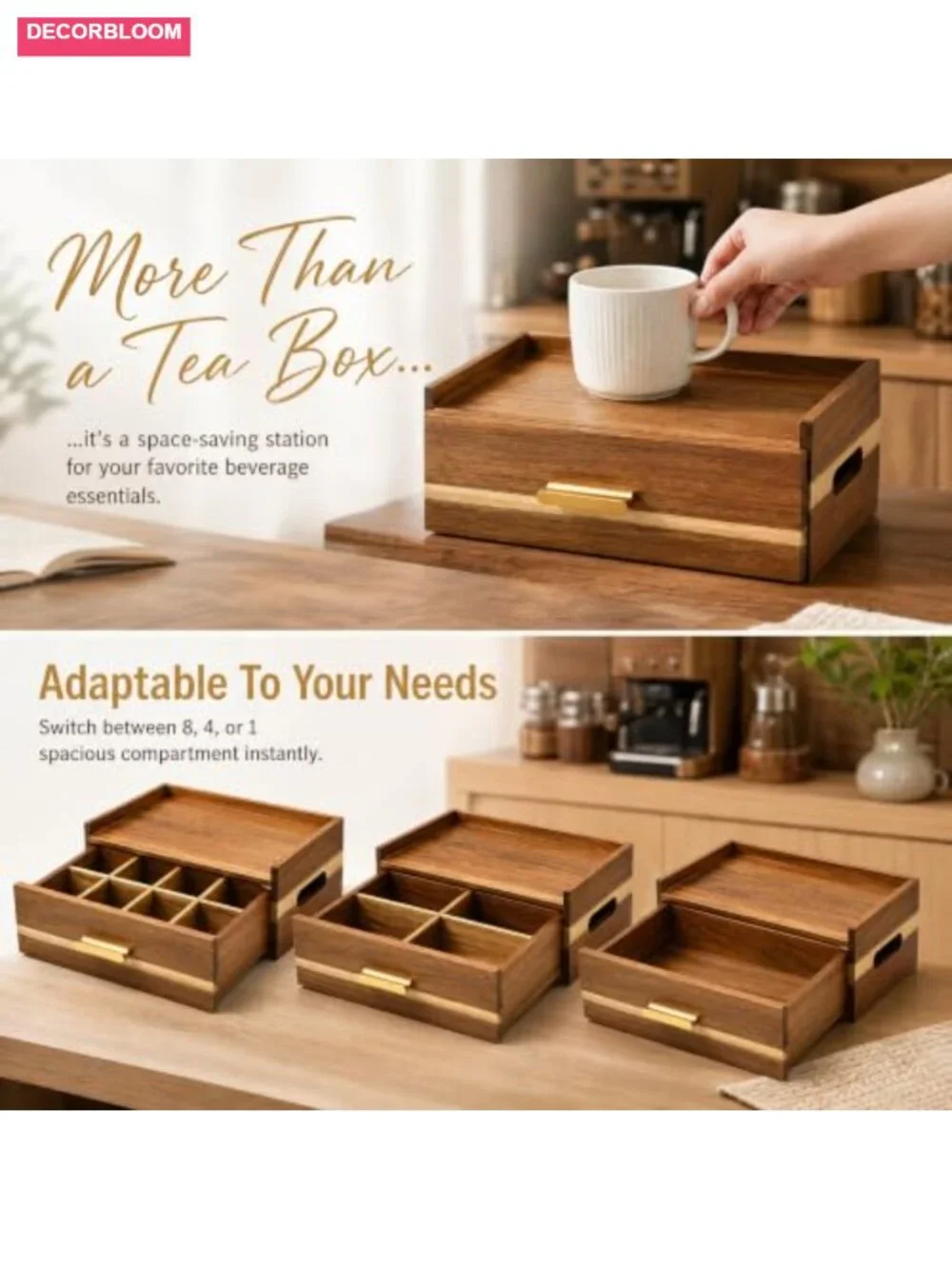 Acacia Wood Tea Bag Organizer Storage Box with Drawer 8 Compartment